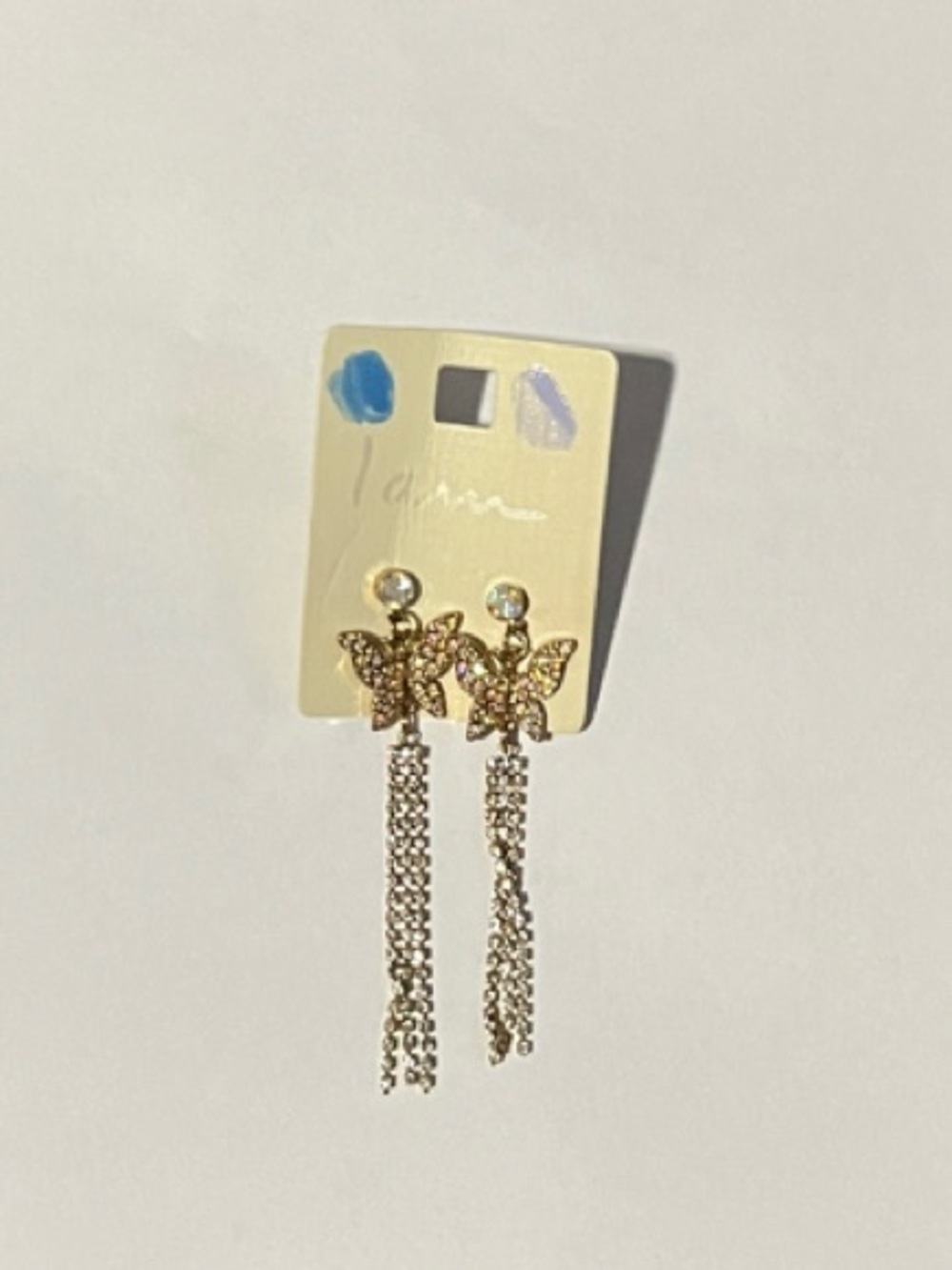 Gold Butterfly Chain Drop Earrings with Crystal Stud